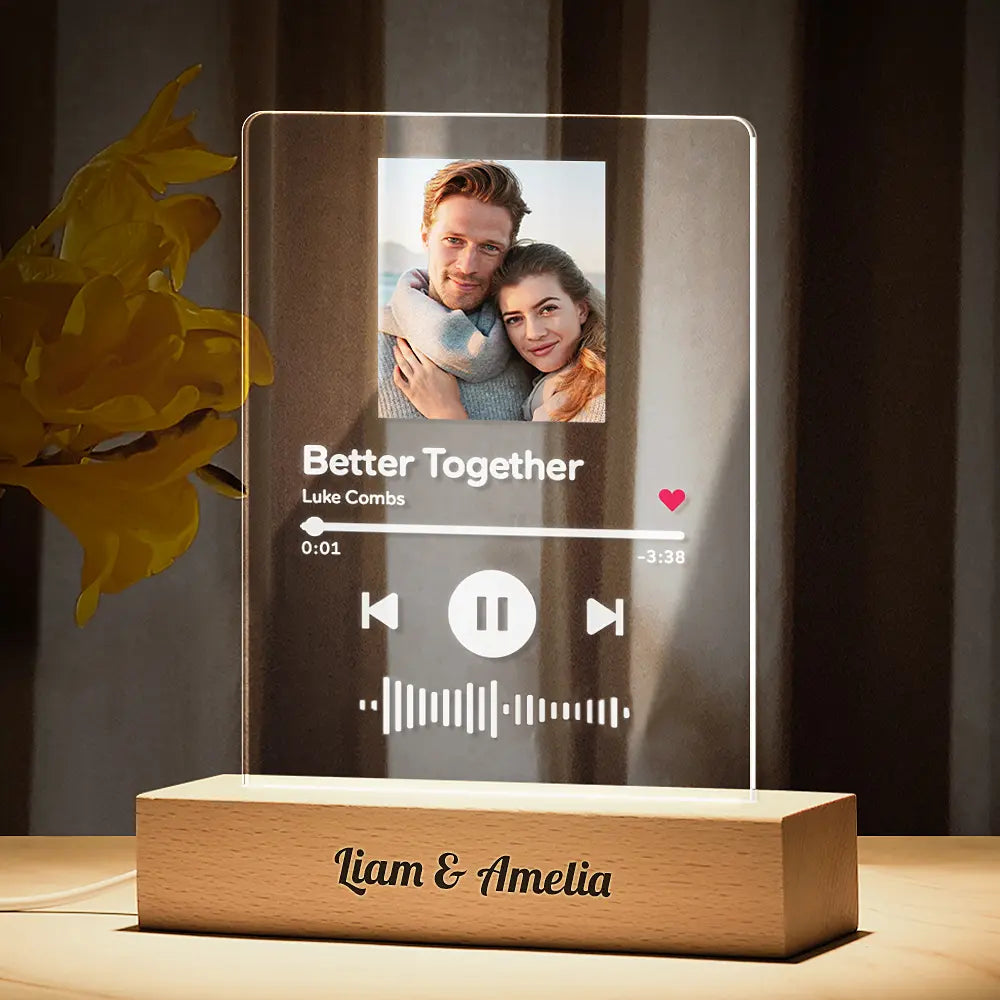 Personalized Scannable Song Plaque Photo Night Light With Engraved Wooden Base