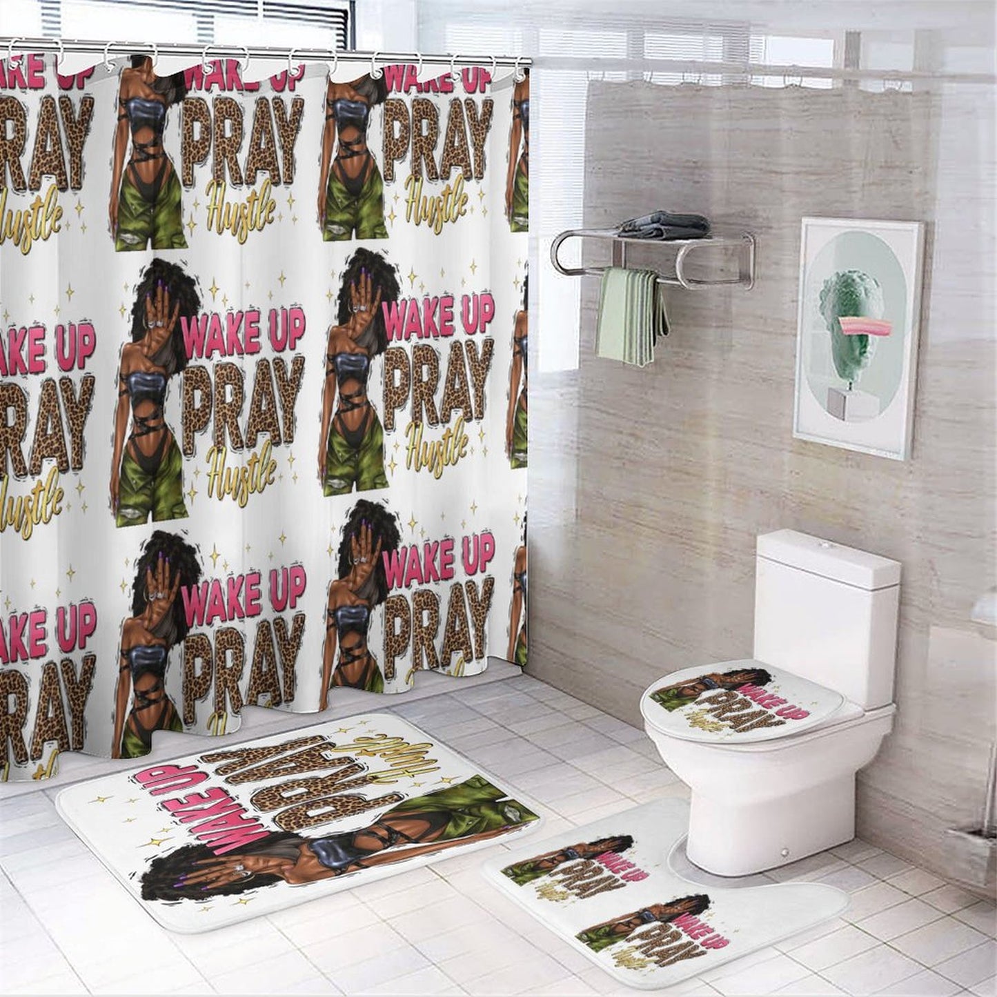 Shower Curtain Set with 3 Rugs