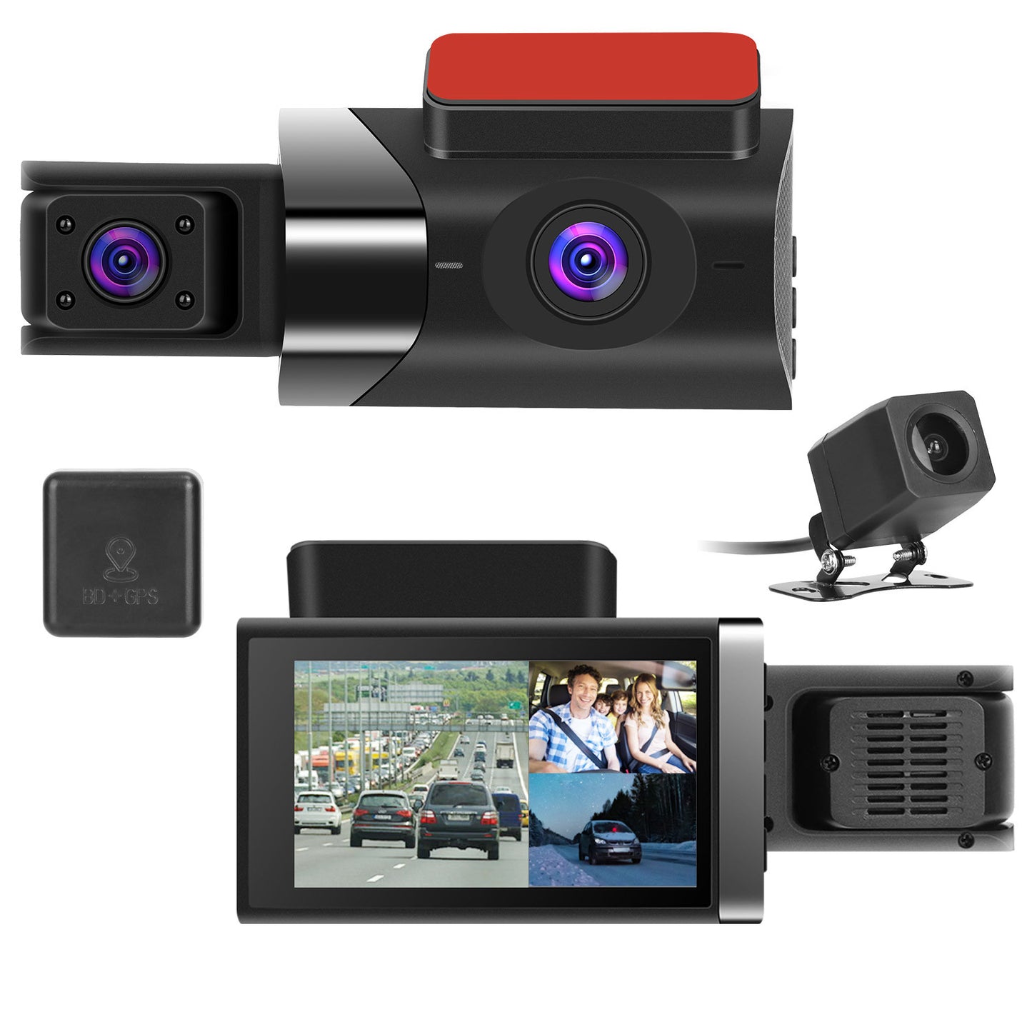 2K Car DVR 3 Channel Dash Cam Camcorder Camera Recorder with 140° Angle GPS WiFi Night Vision G-sensor Loop Recording Parking Monitor