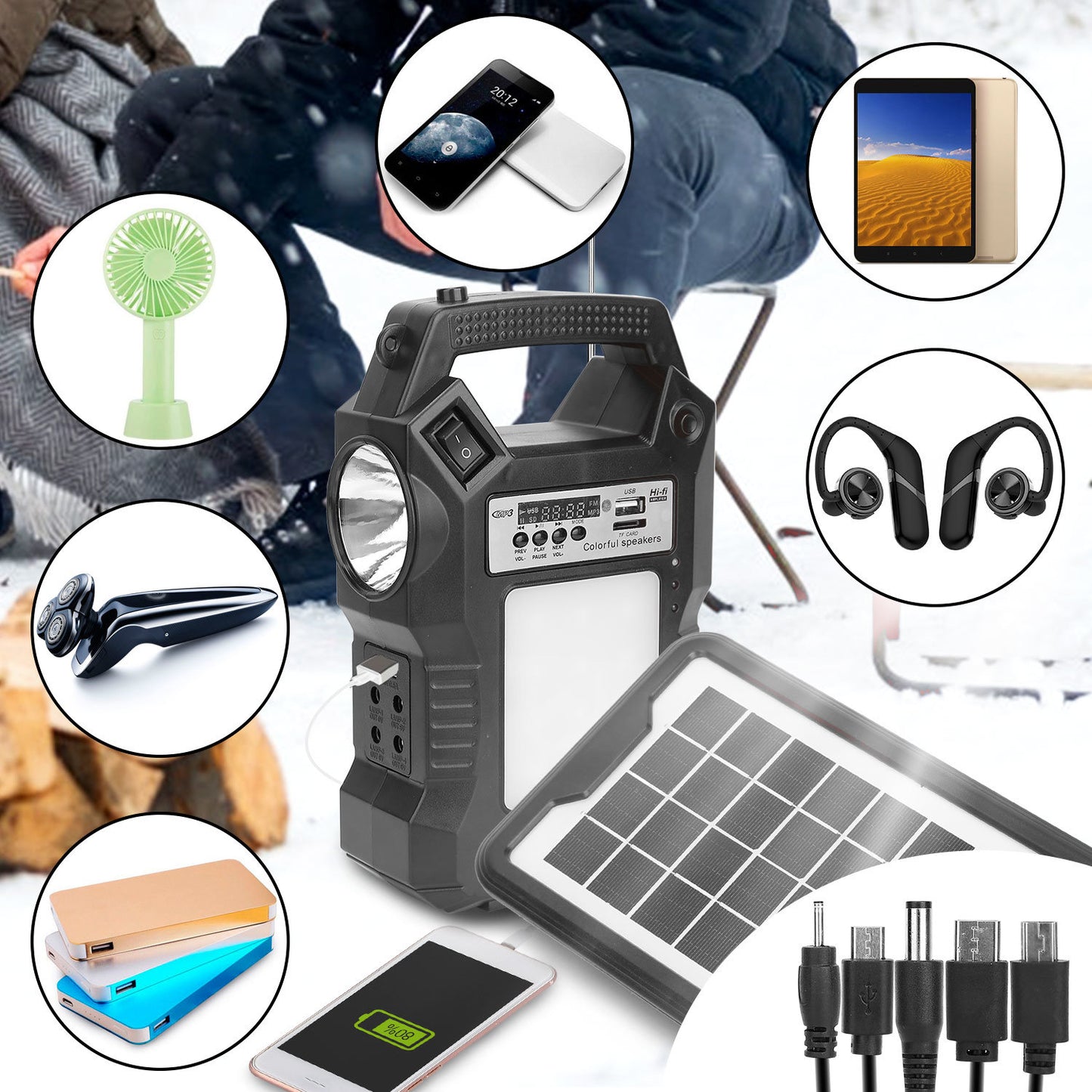 Portable Solar Power Station Rechargeable Backup Power Bank w/Flashlight 3 Lighting Bulbs For Camping Outage Garden Lamp