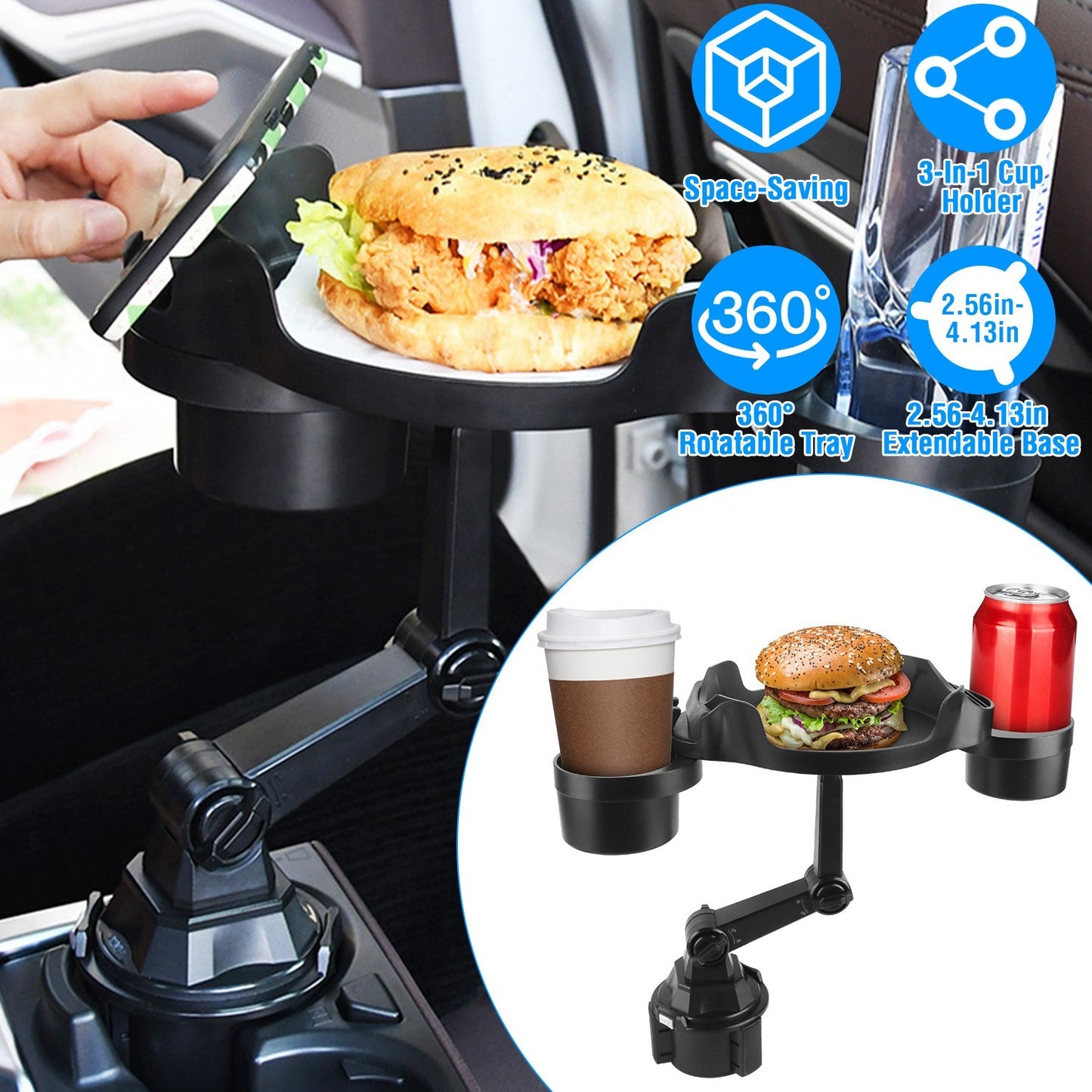 Car Cup Holder Expander 360° Rotating Car Tray Bottle Holder