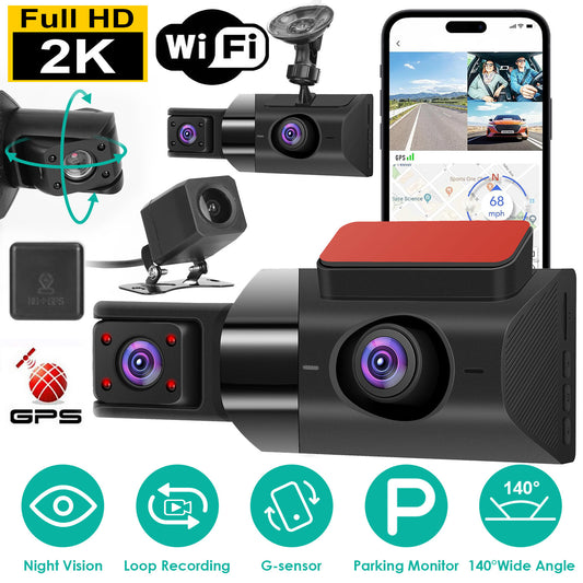 2K Car DVR 3 Channel Dash Cam Camcorder Camera Recorder with 140° Angle GPS WiFi Night Vision G-sensor Loop Recording Parking Monitor