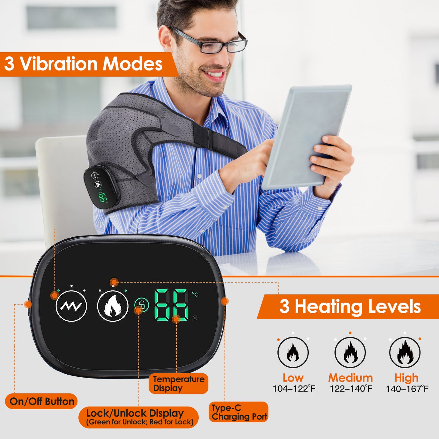 Cordless Shoulder Heating Pad Rechargeable Heated Shoulder Wrap Massager Shoulder Brace Supports