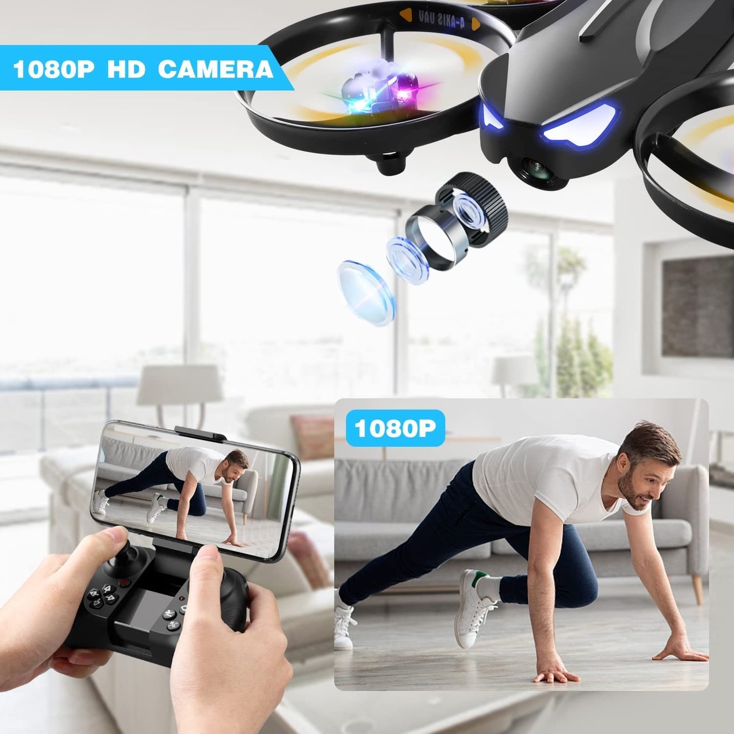 4DRC V16 Drone with Camera for Kids,1080P FPV Camera Mini RC Quadcopter Beginners Toy with 7 Colors LED Lights,3D Flips,Gesture Selfie,Headless Mode,Altitude Hold,Gift Toy for Boys and Girls