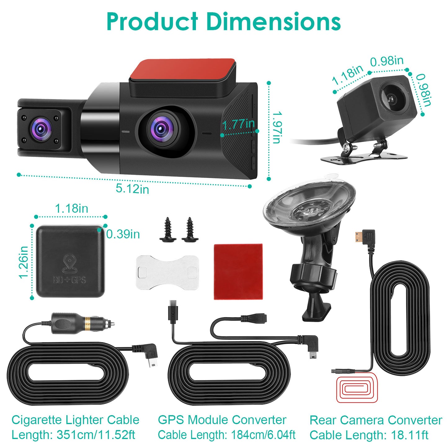 2K Car DVR 3 Channel Dash Cam Camcorder Camera Recorder with 140° Angle GPS WiFi Night Vision G-sensor Loop Recording Parking Monitor