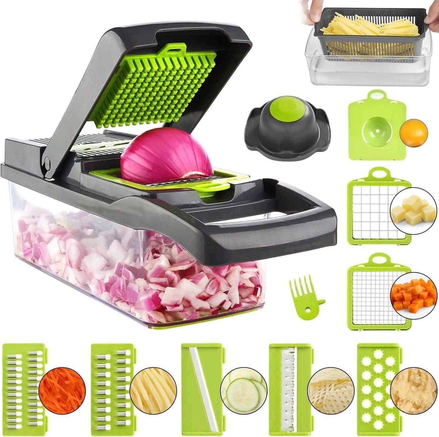 Vegetable Chopper, 14 in 1 Mandoline Slicer Multi-Function Kitchen, 7 Replaceable Stainless Steel Vegetable Cutter with Egg Separator Hand Guard Julienne Grater for Onion Potato Fruit